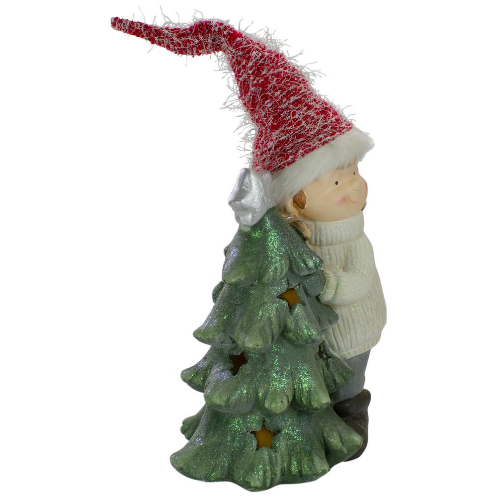 30" Green and Red Girl Hugging a Tree Christmas Tabletop Decoration. Picture 2