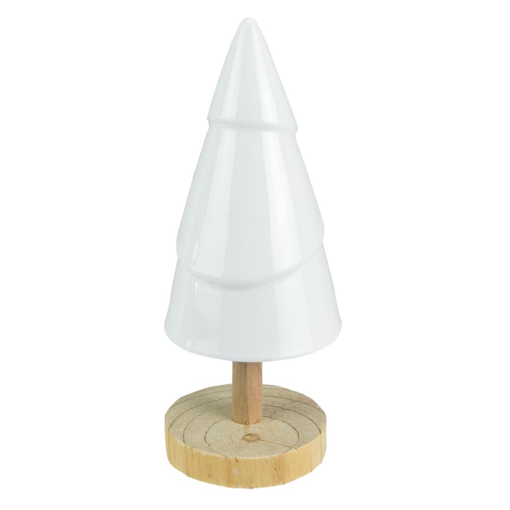 10.5" White Ceramic Tree with Wood Base Christmas Decoration. Picture 1