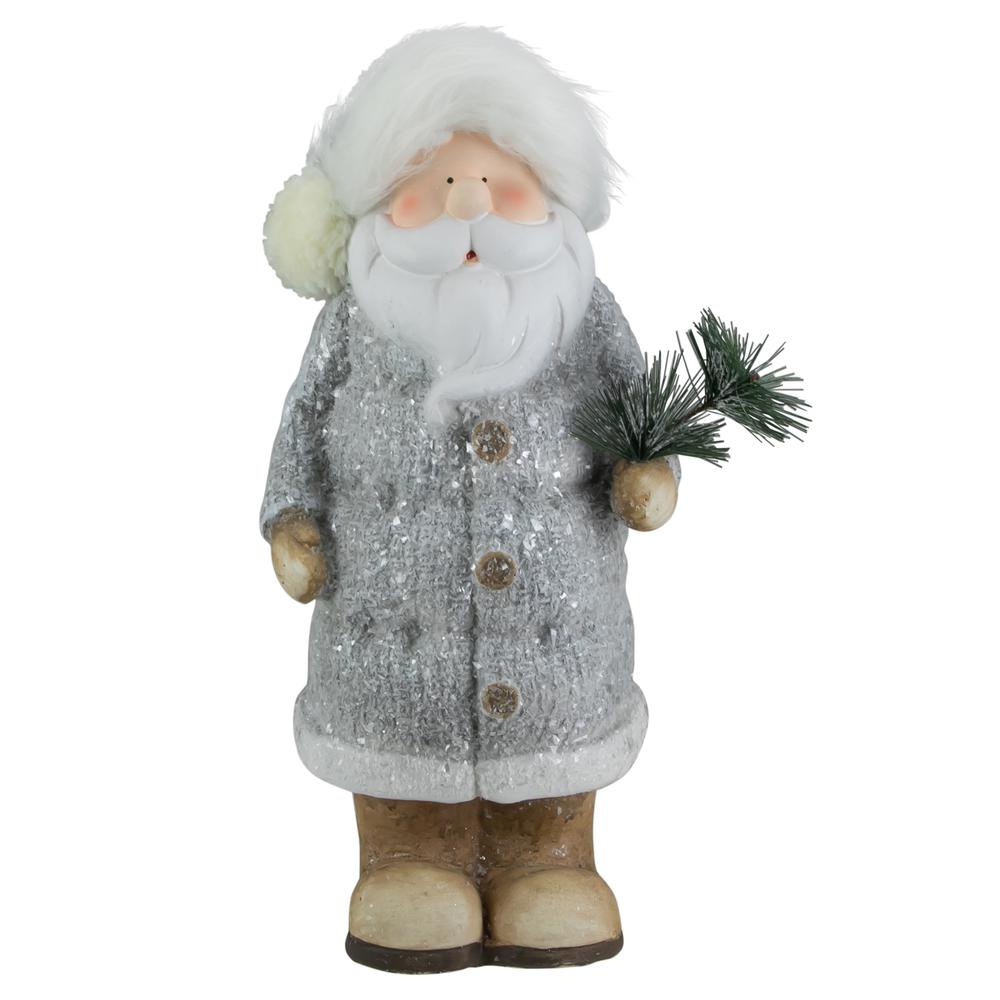 18" Ceramic Santa in Gray Coat Holding Pine Sprig Christmas Figure. Picture 1