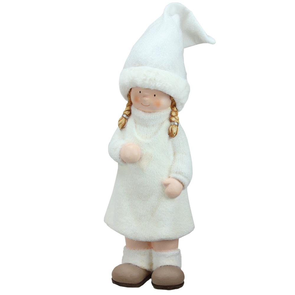 19" White and Beige Winter Girl with Tall Hat Christmas Table Top Figure. Picture 2
