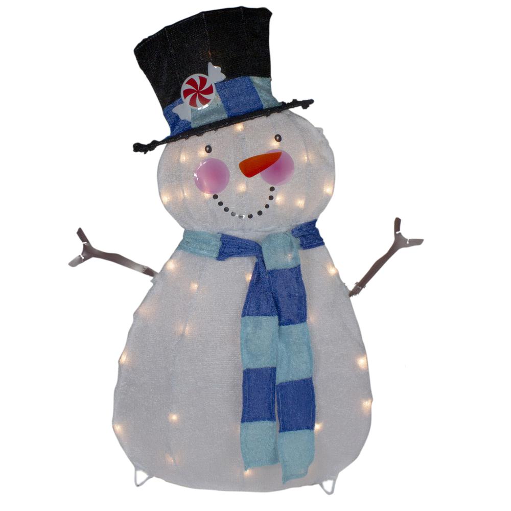 32" Lighted White and Blue Chenille Snowman Outdoor Christmas Decoration. Picture 1