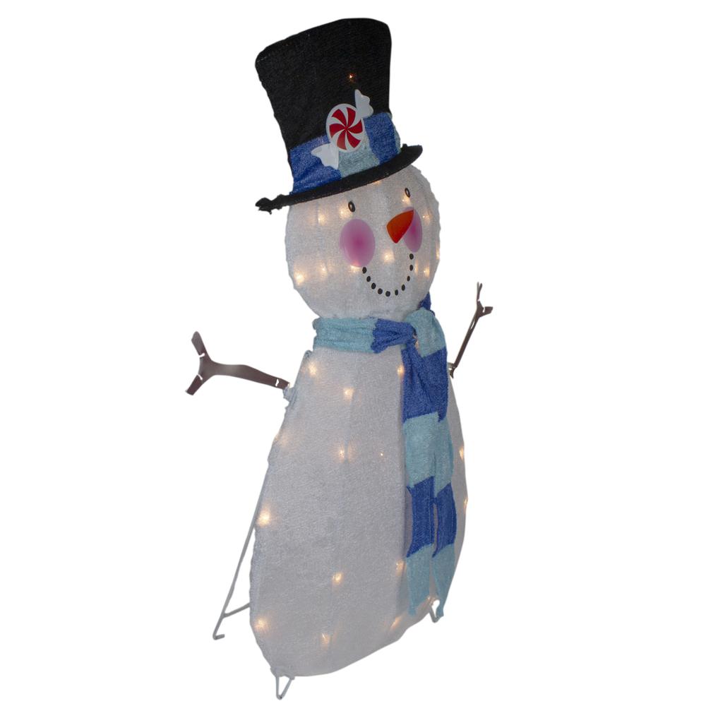32" Lighted White and Blue Chenille Snowman Outdoor Christmas Decoration. Picture 4