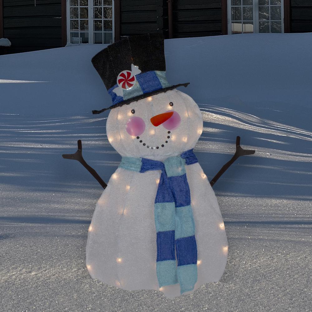 32" Lighted White and Blue Chenille Snowman Outdoor Christmas Decoration. Picture 2