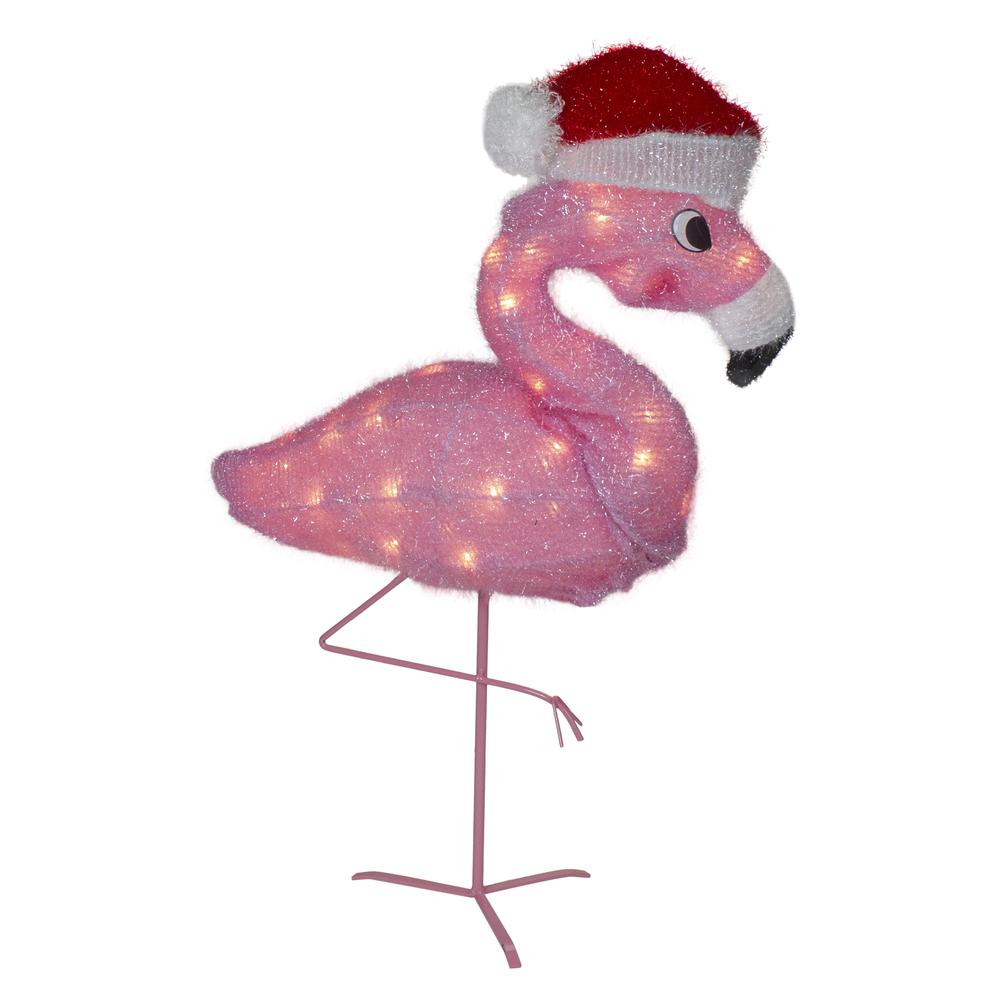 24" Pink Flamingo in Santa Hat Outdoor Christmas Decoration. Picture 1