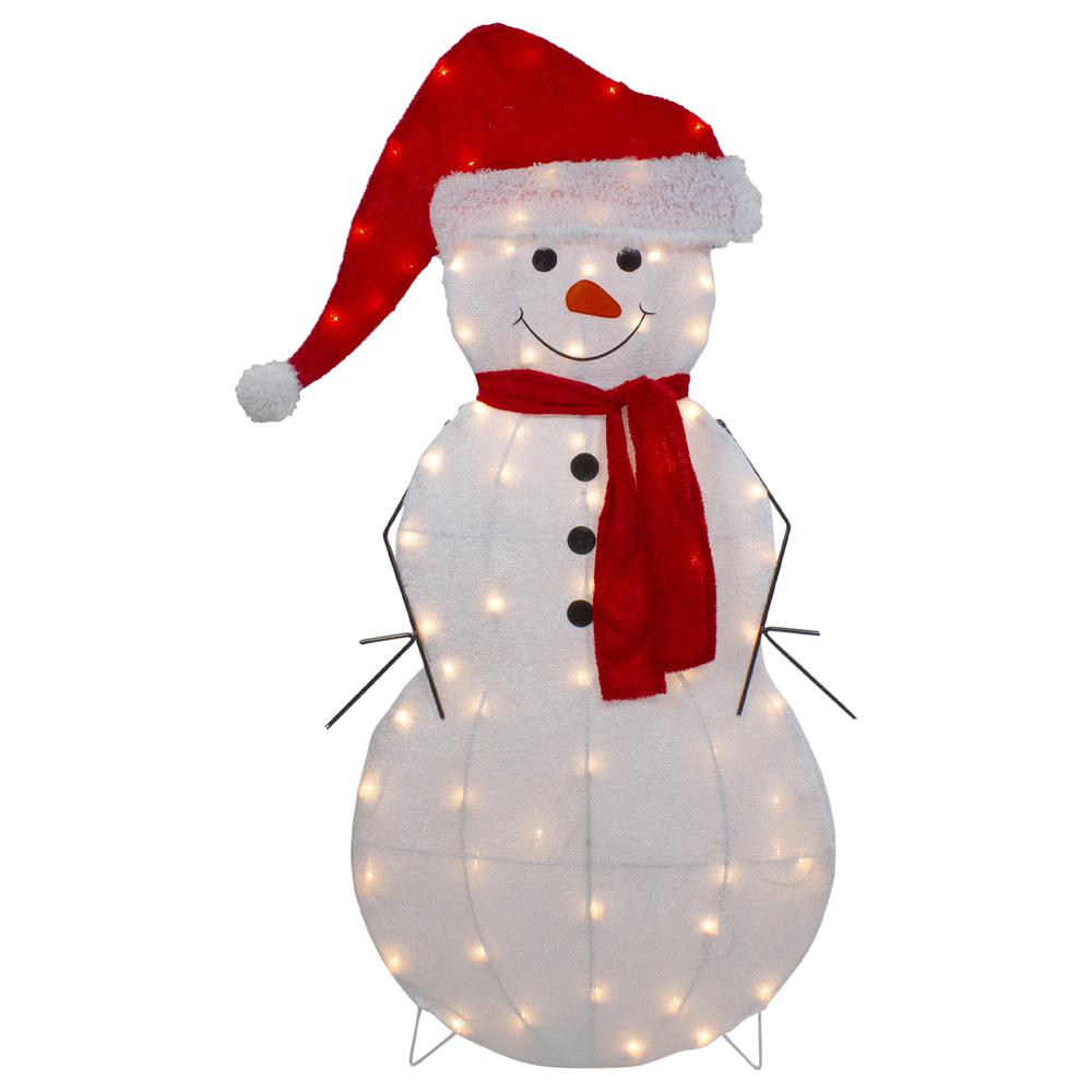 42" Lighted 2D Chenille Snowman in Santa Hat Outdoor Christmas Decoration. Picture 1