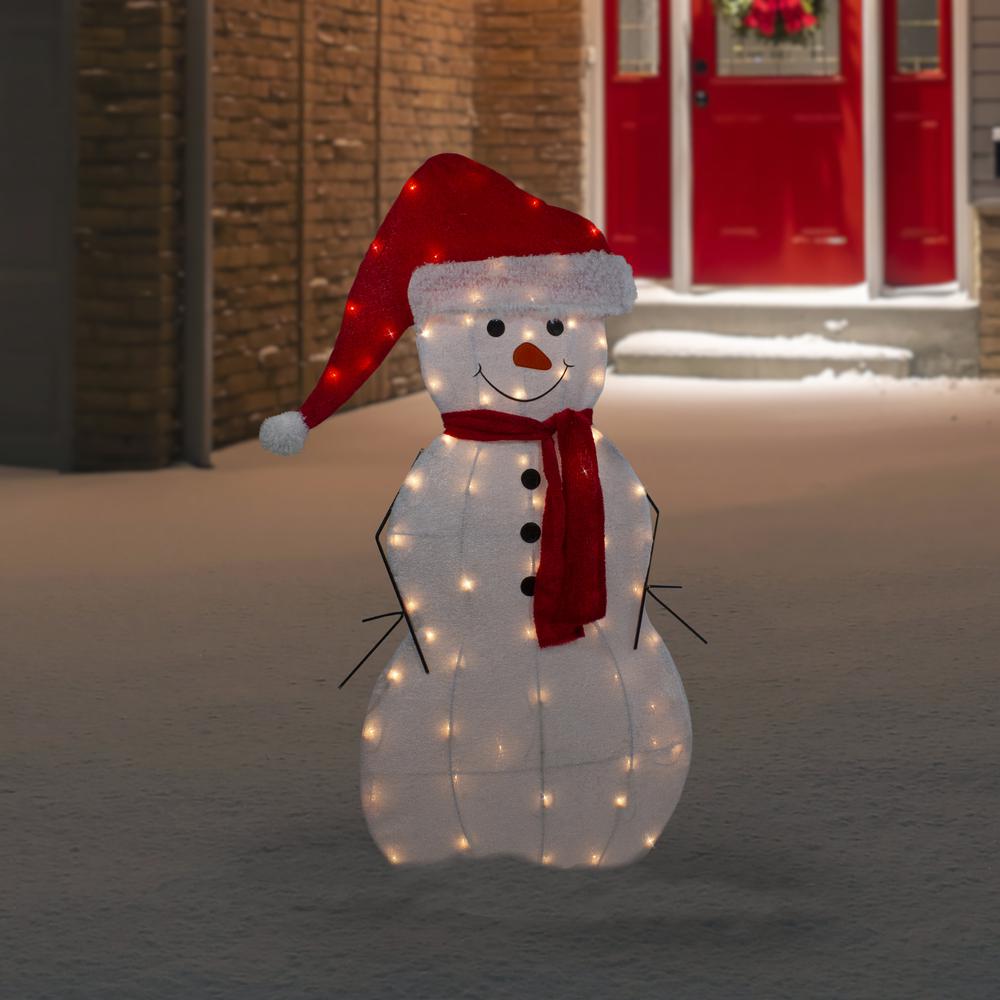 42" Lighted 2D Chenille Snowman in Santa Hat Outdoor Christmas Decoration. Picture 2