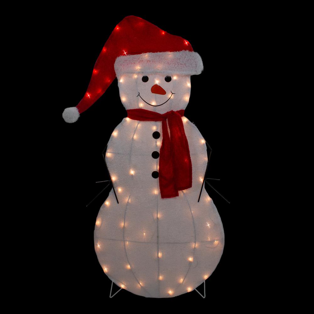42" Lighted 2D Chenille Snowman in Santa Hat Outdoor Christmas Decoration. Picture 3