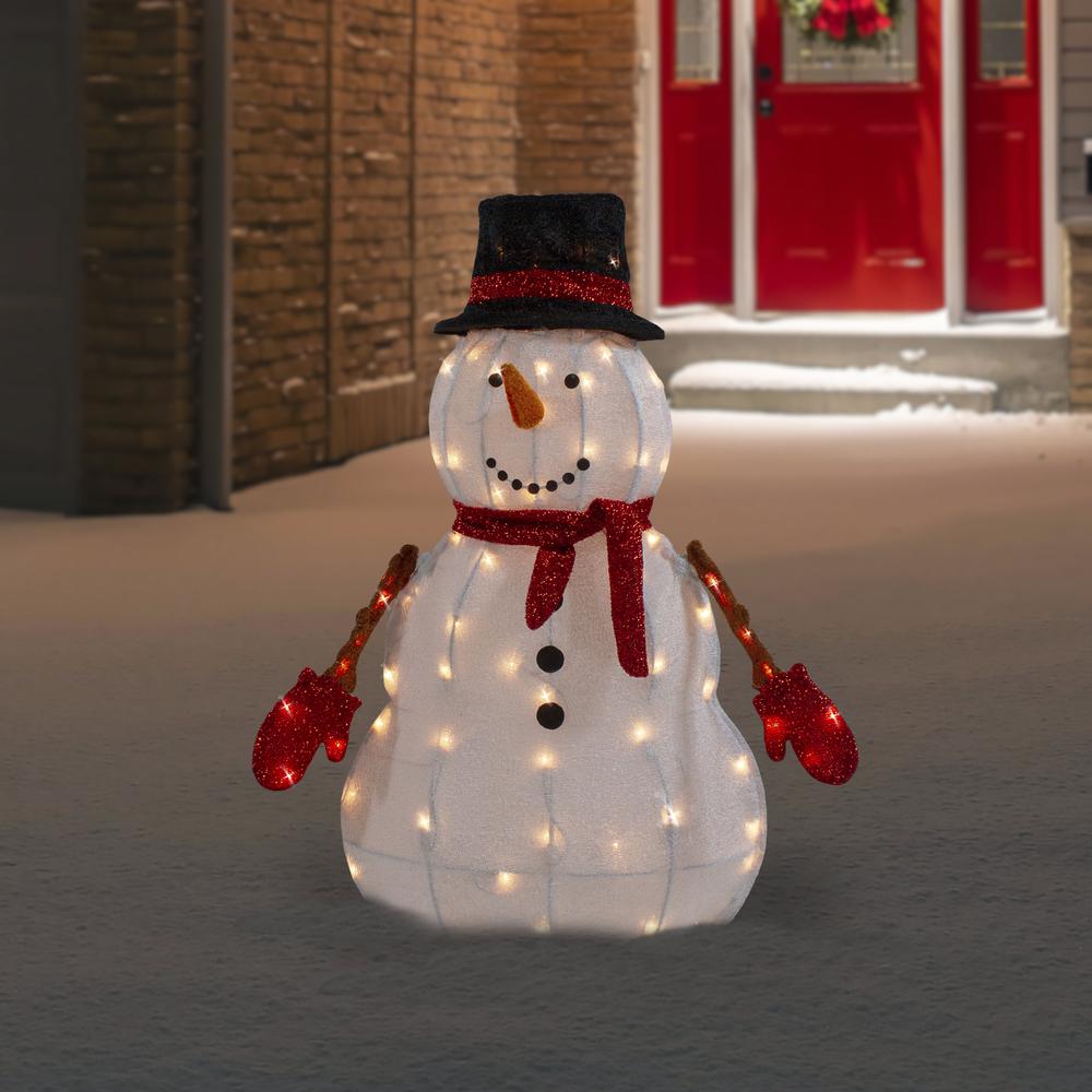 32" Lighted 3D Chenille Snowman in Top Hat Outdoor Christmas Decoration. Picture 2