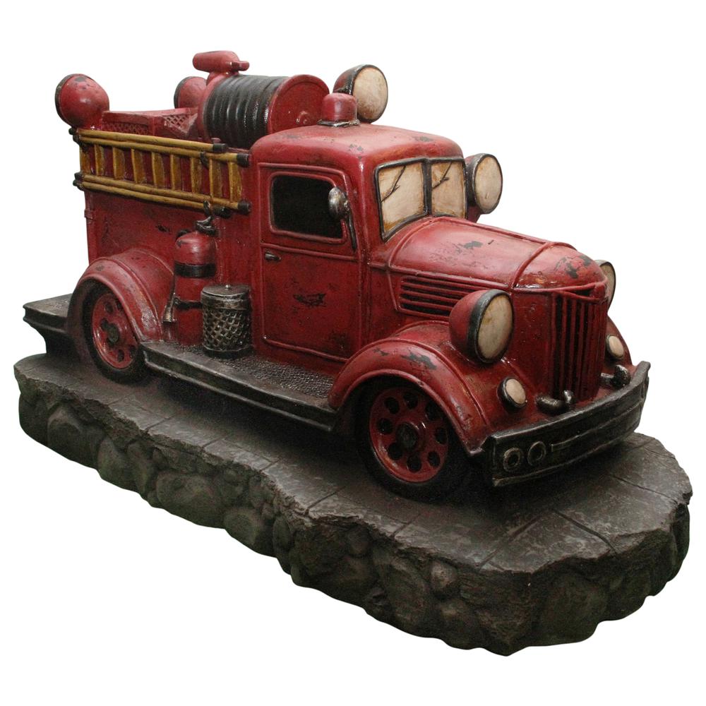 38" Lighted Red and Black Vintage Fire Truck Outdoor Patio Fountain. Picture 1