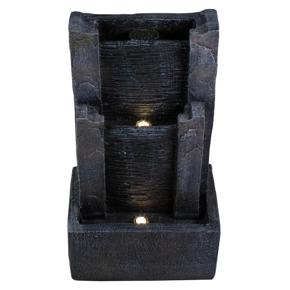 23.5" Black and Gray Modern Lighted Three-tier Outdoor Garden Water Fountain. Picture 3