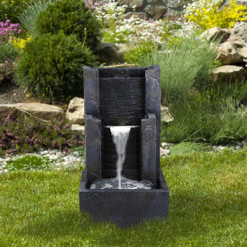 23.5" Black and Gray Modern Lighted Three-tier Outdoor Garden Water Fountain. Picture 2