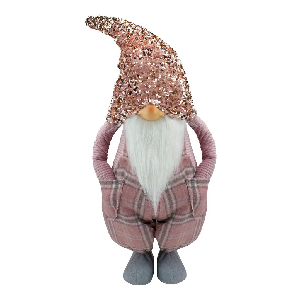 30" Pink and Gray Plaid Tall Christmas Gnome Tabletop Figure. Picture 1