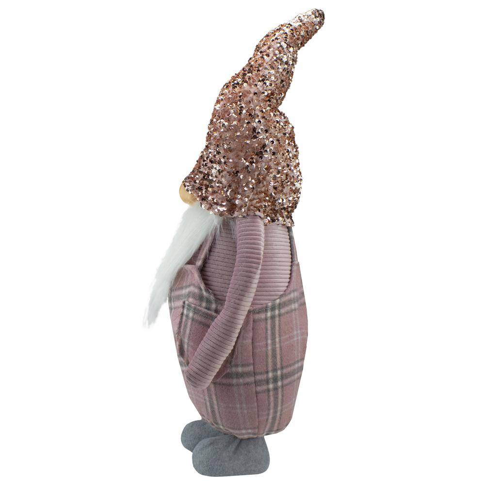 30" Pink and Gray Plaid Tall Christmas Gnome Tabletop Figure. Picture 3