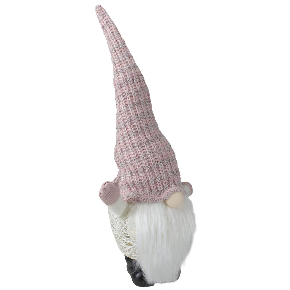 19" Pink and White Rattan Christmas Gnome with Warm White LED Lights. Picture 3