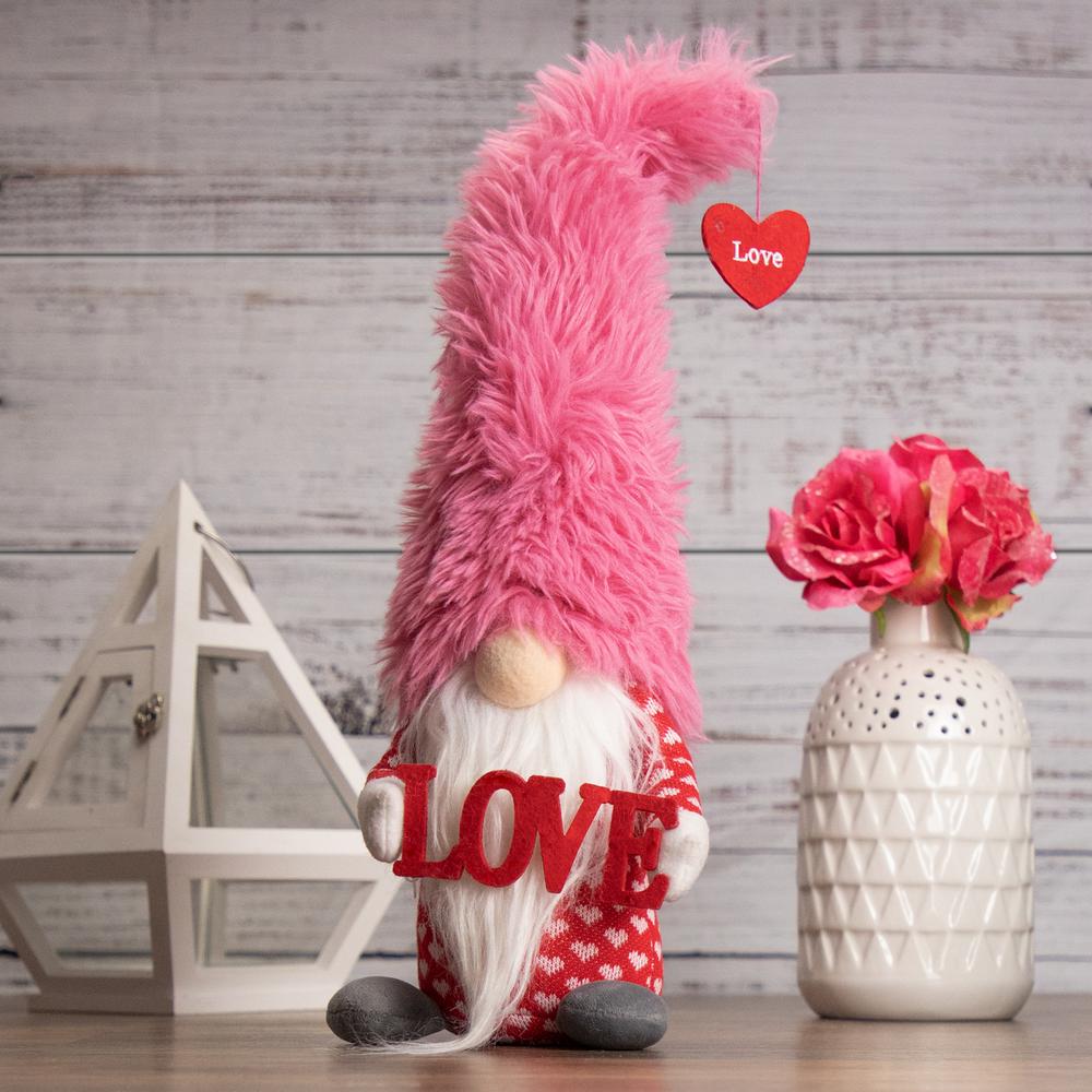 18" Pink and Red Fuzzy 'Love' Gnome Valentine's Day Figure. Picture 1