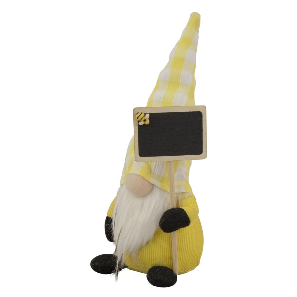 10.25" Yellow Gingham Hat Springtime Gnome with Chalk Board. Picture 3