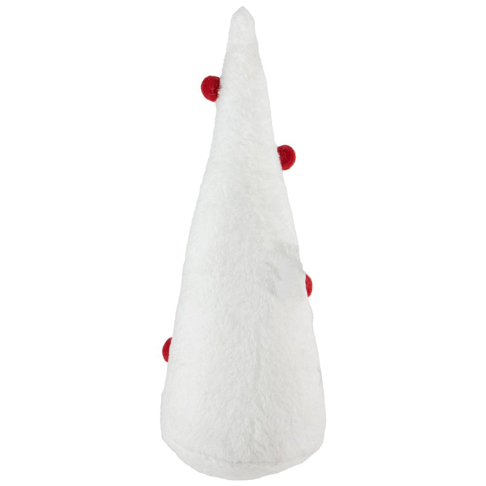 12" White Plush Christmas Cone Tree with Red Pompom Ornaments. Picture 1