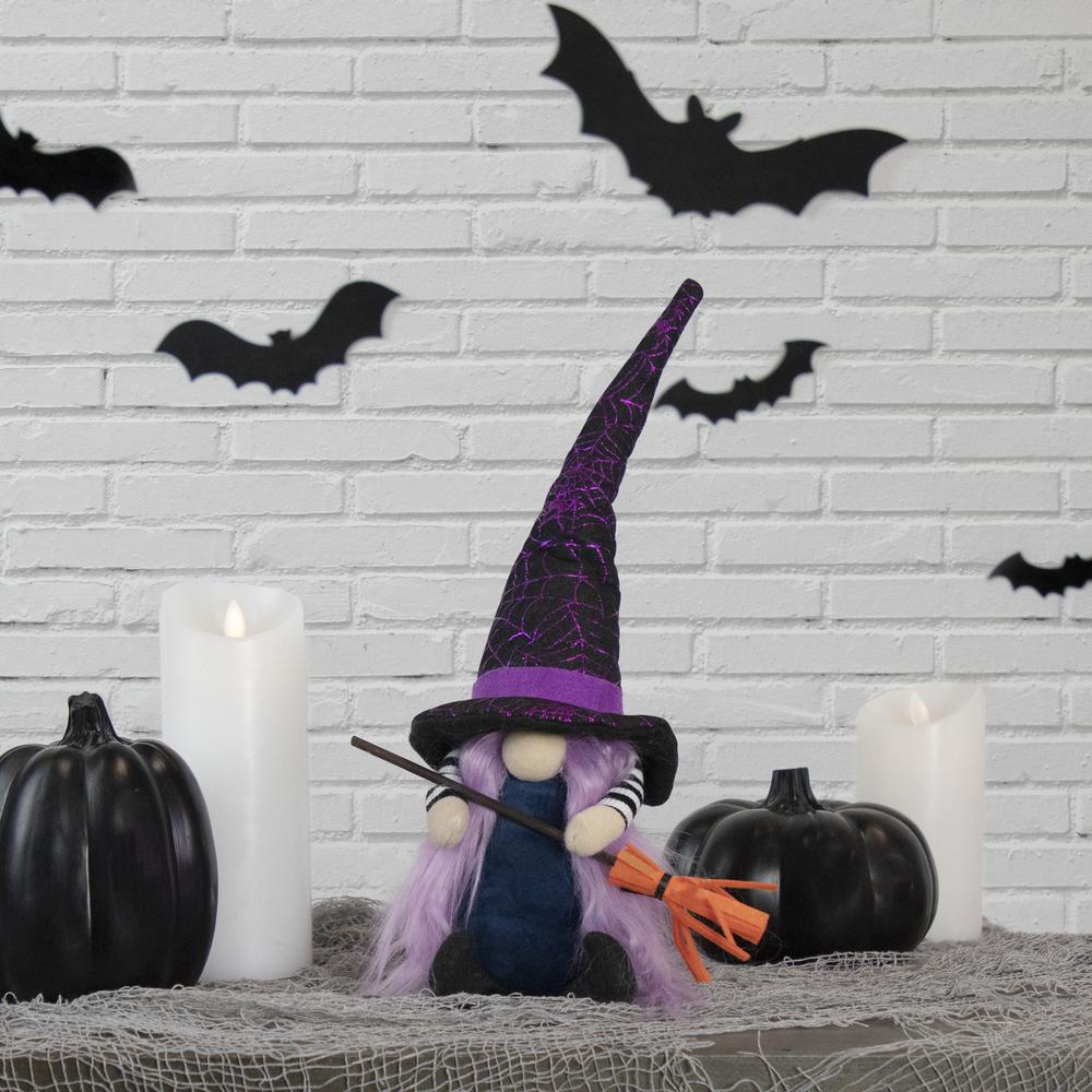 15" Black and Purple Halloween Gnome Witch with Broom. Picture 1