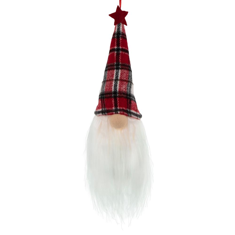 9" LED Lighted Red Plaid Gnome Christmas Ornament. Picture 1