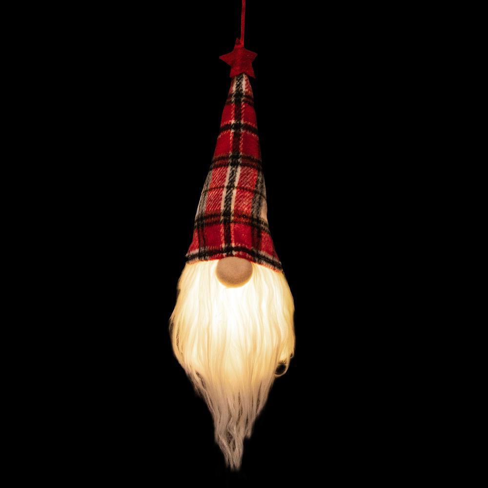 9" LED Lighted Red Plaid Gnome Christmas Ornament. Picture 4