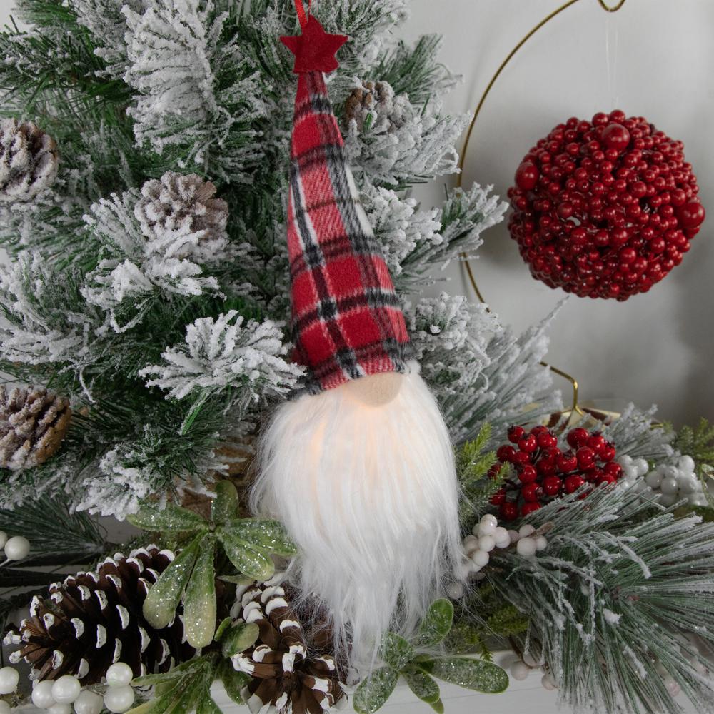 9" LED Lighted Red Plaid Gnome Christmas Ornament. Picture 3