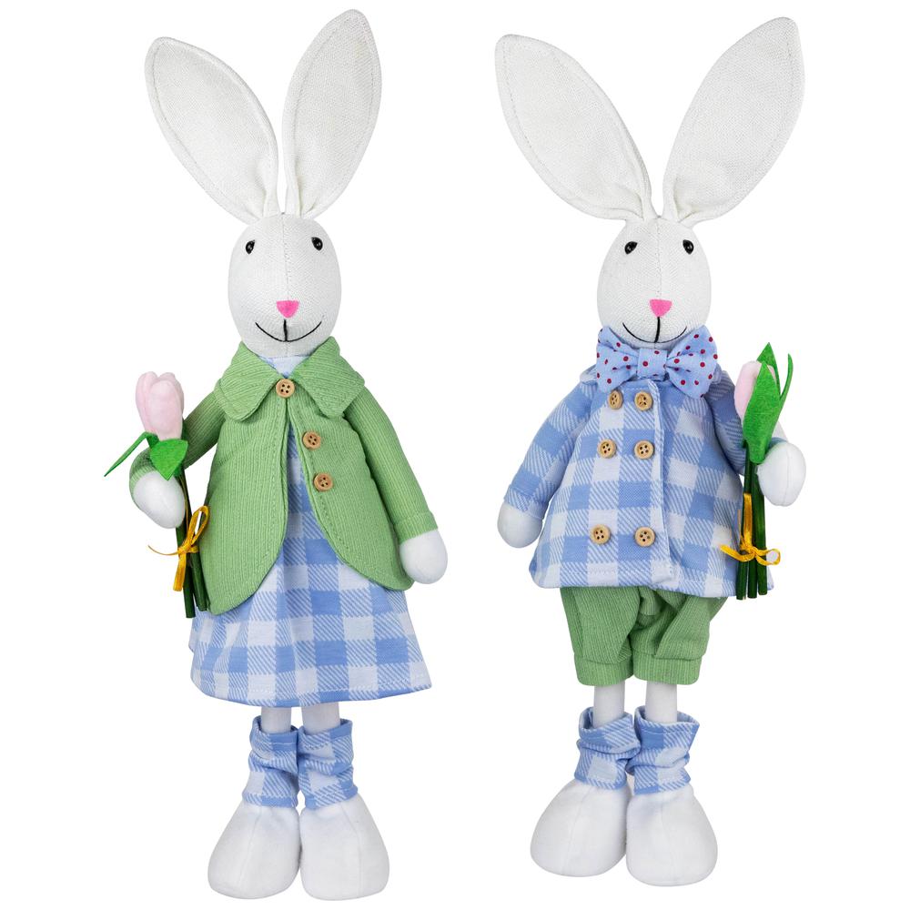 Bunny Couple in Matching Checkered Outfits Easter Figures - 18.75" - Set of 2. Picture 1