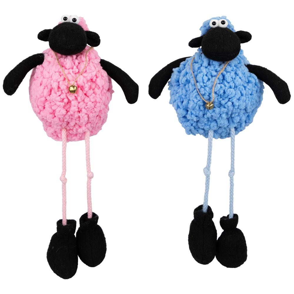 Boy and Girl Plush Lamb Sitting Easter Figures - 13" - Pink and Blue - Set of 2. Picture 1