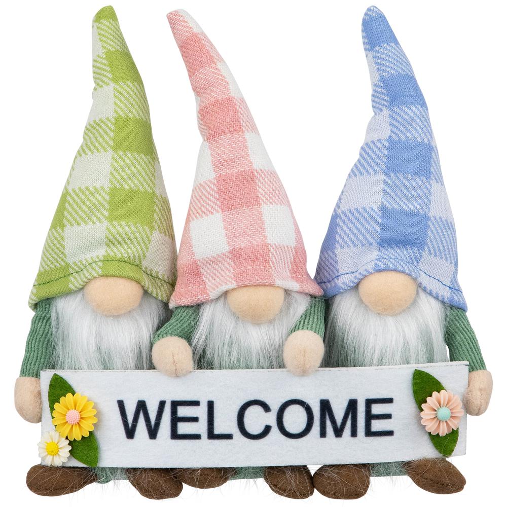 Gnome Trio with Welcome Banner Spring Table Decoration - 7". Picture 1
