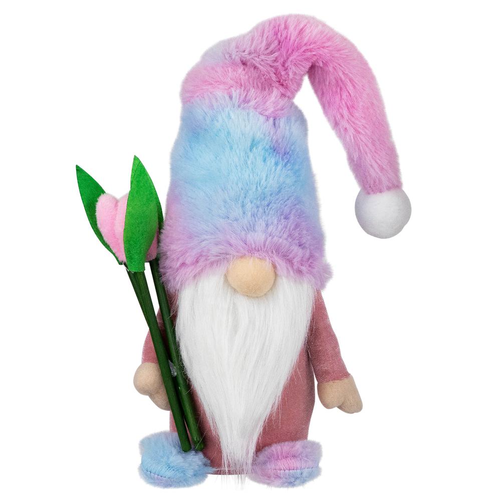 Gnome Boy with Tulips Spring Figurine - 15" - Purple and Blue. Picture 1