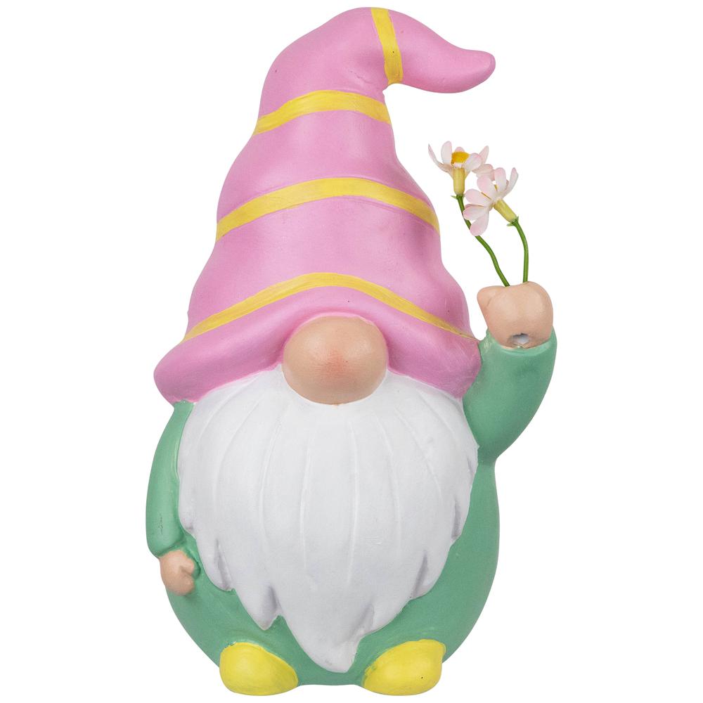 Gnome Holding Flowers Spring Figurine - 8" - Pink and Green. Picture 1