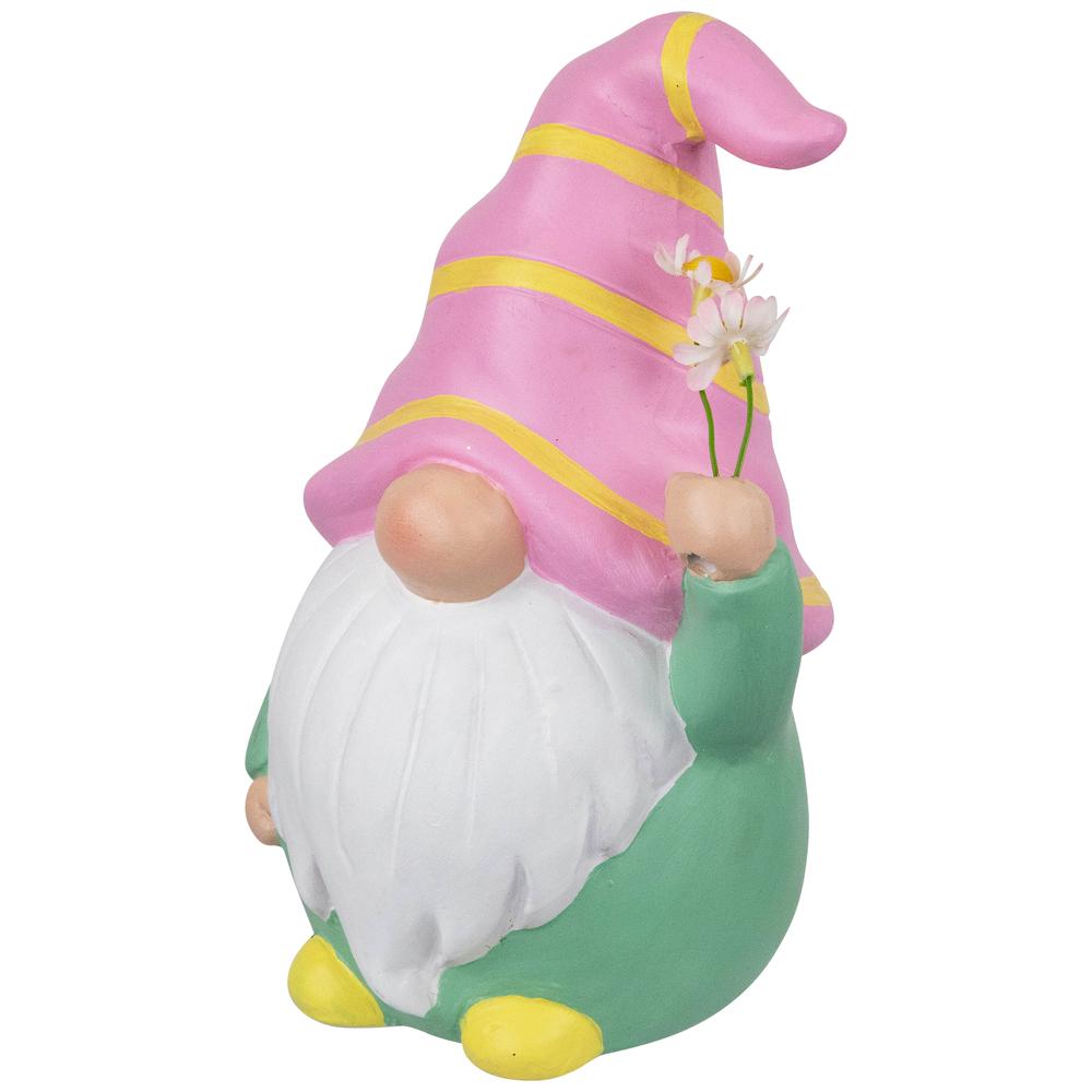 Gnome Holding Flowers Spring Figurine - 8" - Pink and Green. Picture 2