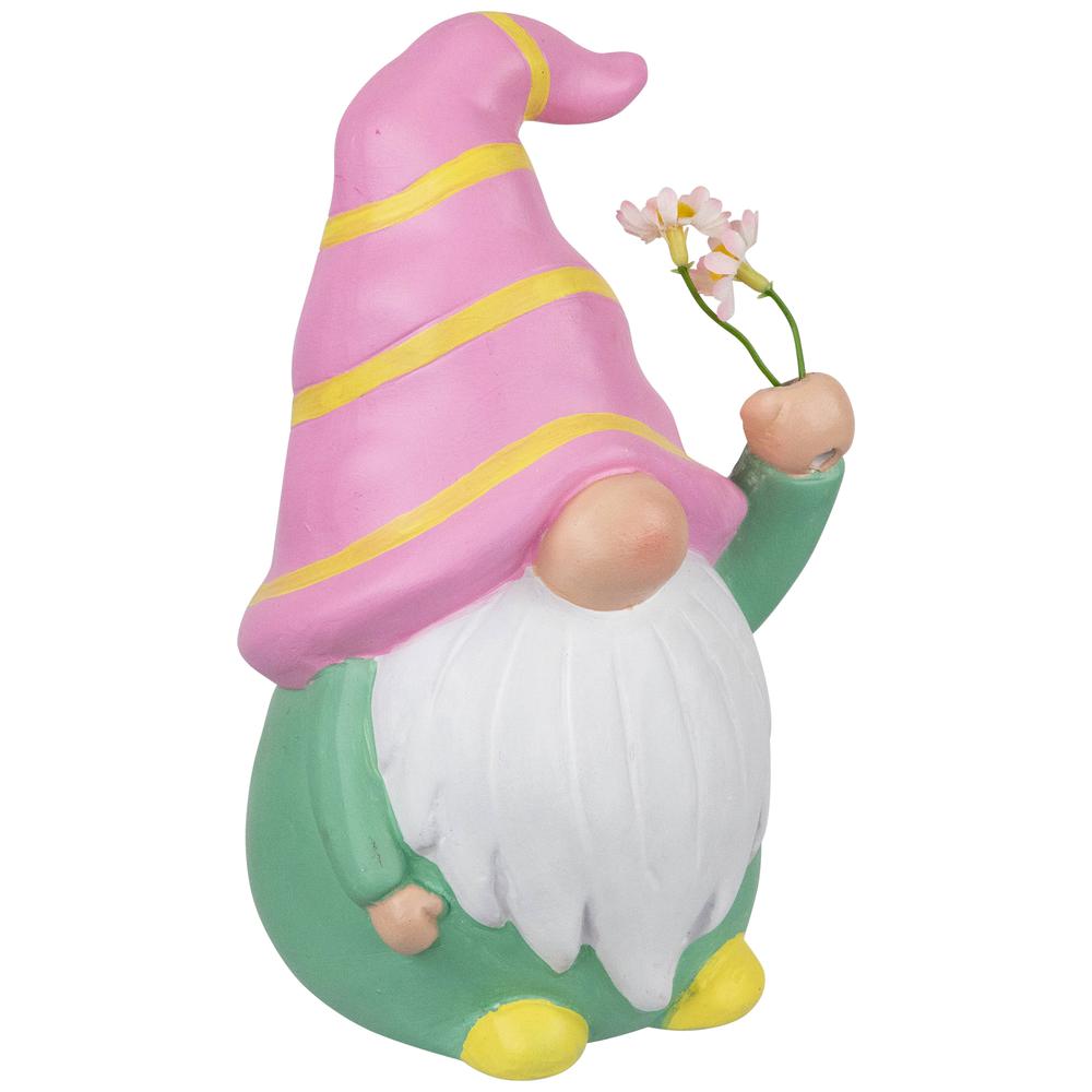 Gnome Holding Flowers Spring Figurine - 8" - Pink and Green. Picture 3