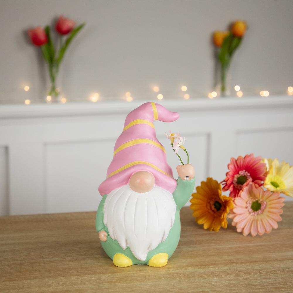 Gnome Holding Flowers Spring Figurine - 8" - Pink and Green. Picture 5