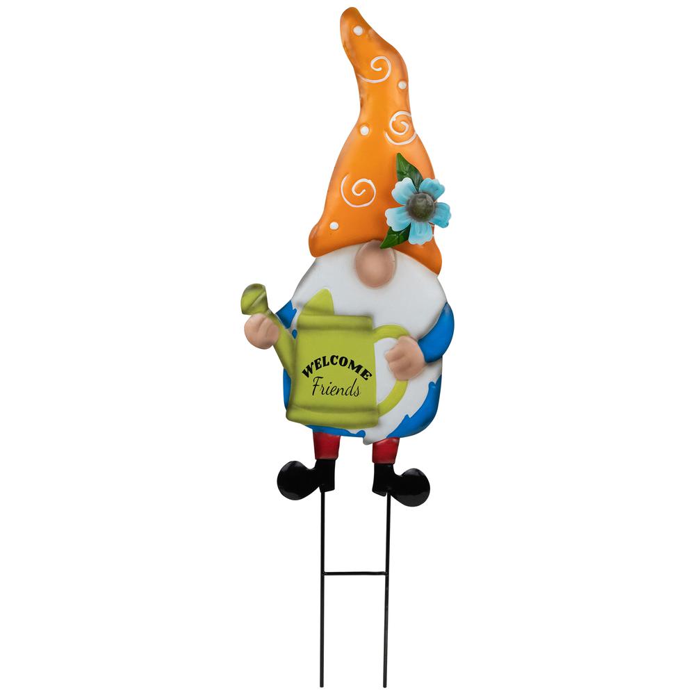 Welcome Friends Gnome Spring Outdoor Garden Stake - 22" - Orange. Picture 1