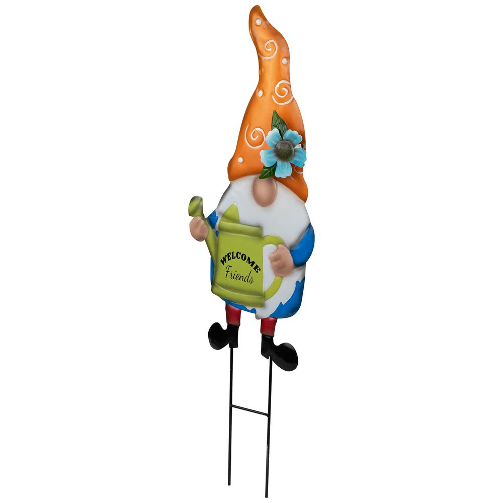 Welcome Friends Gnome Spring Outdoor Garden Stake - 22" - Orange. Picture 2