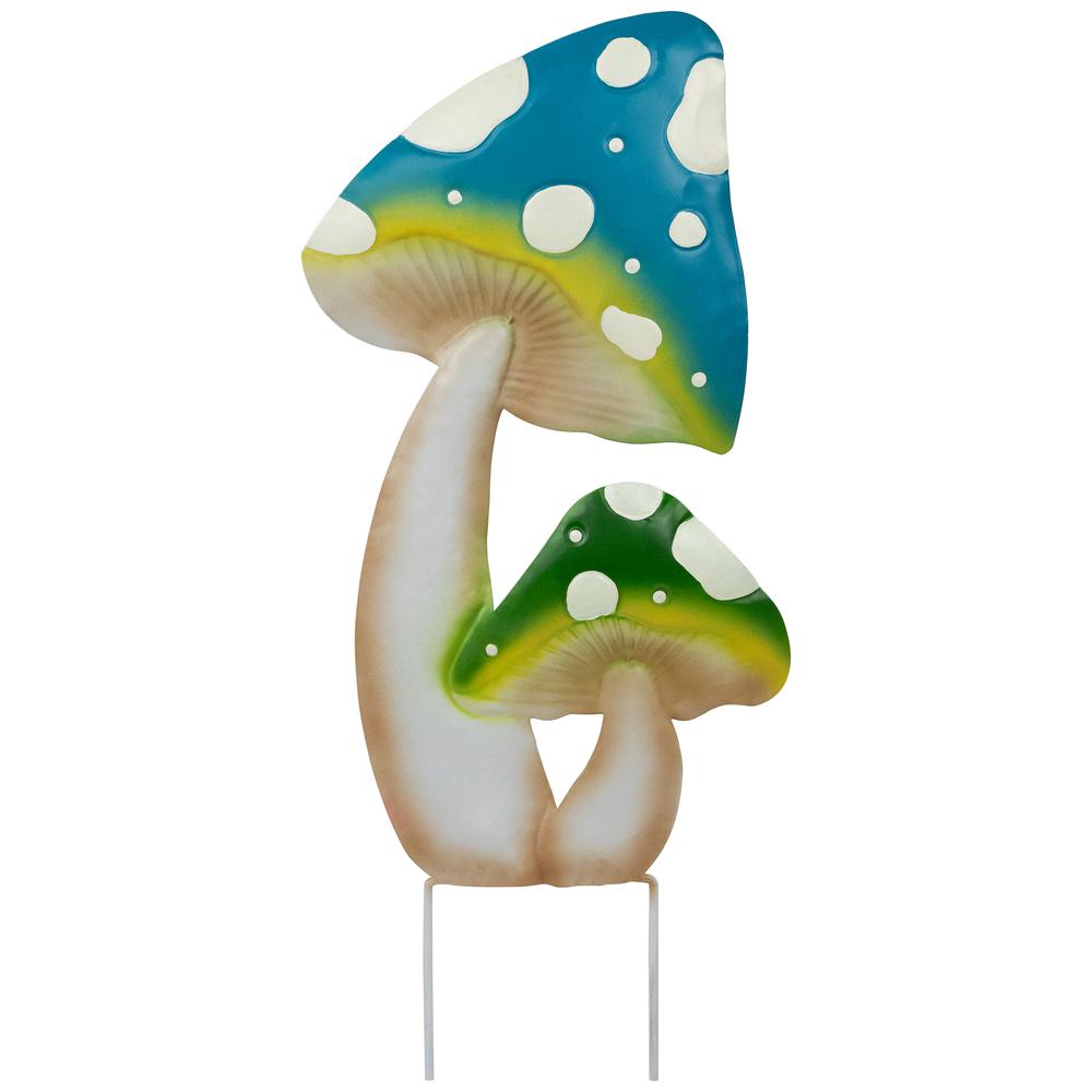 Double Spotted Mushrooms Outdoor Garden Stake - 16" - Blue and Green. Picture 1