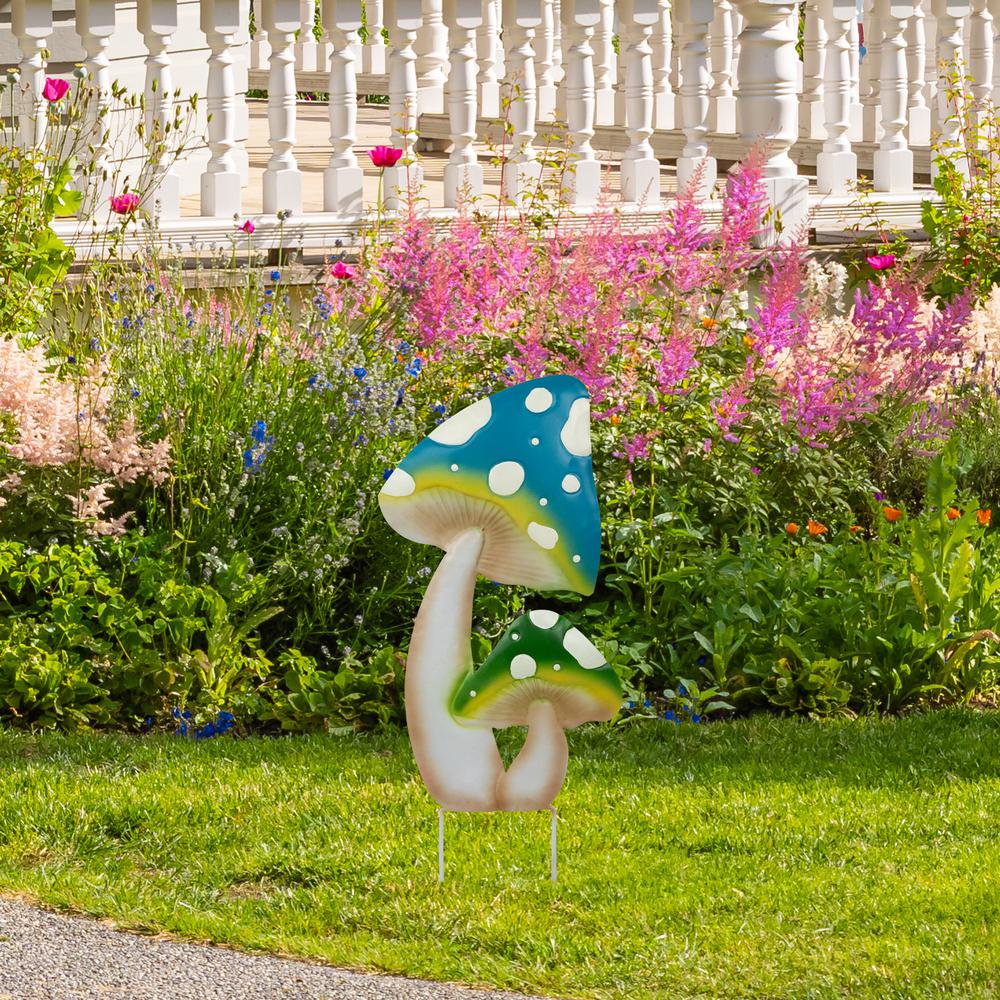 Double Spotted Mushrooms Outdoor Garden Stake - 16" - Blue and Green. Picture 2