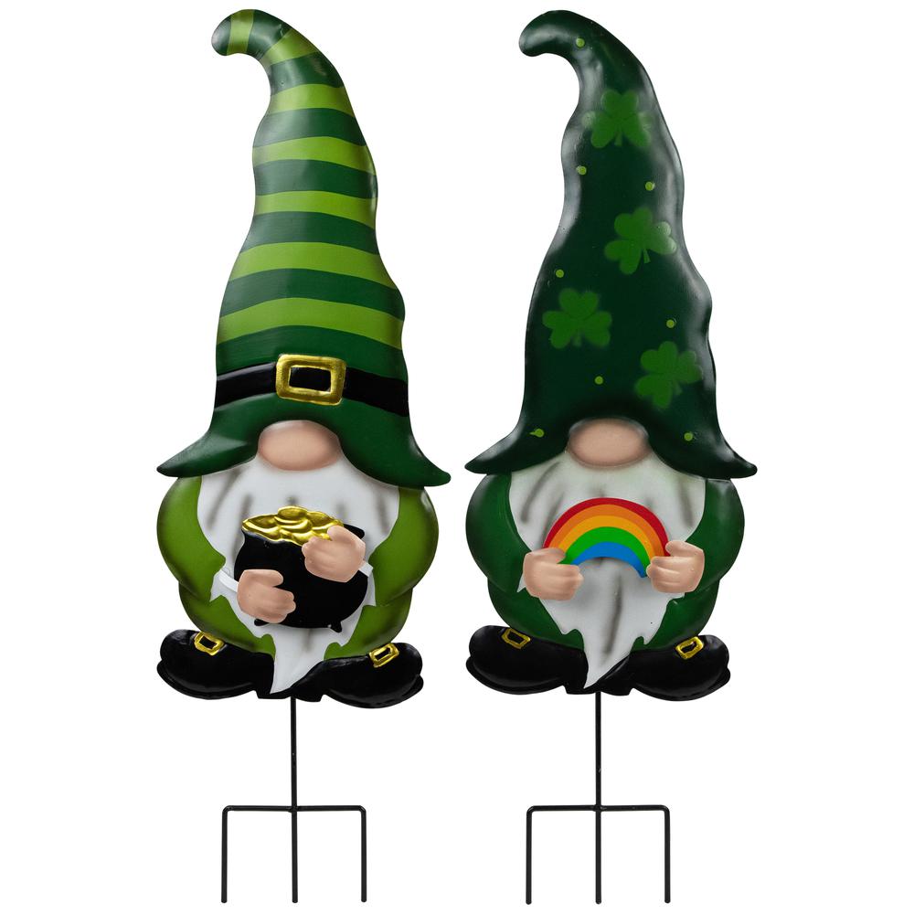 Pot of Gold and Rainbow St Patrick's Day Gnomes Outdoor Garden Stakes. Picture 1