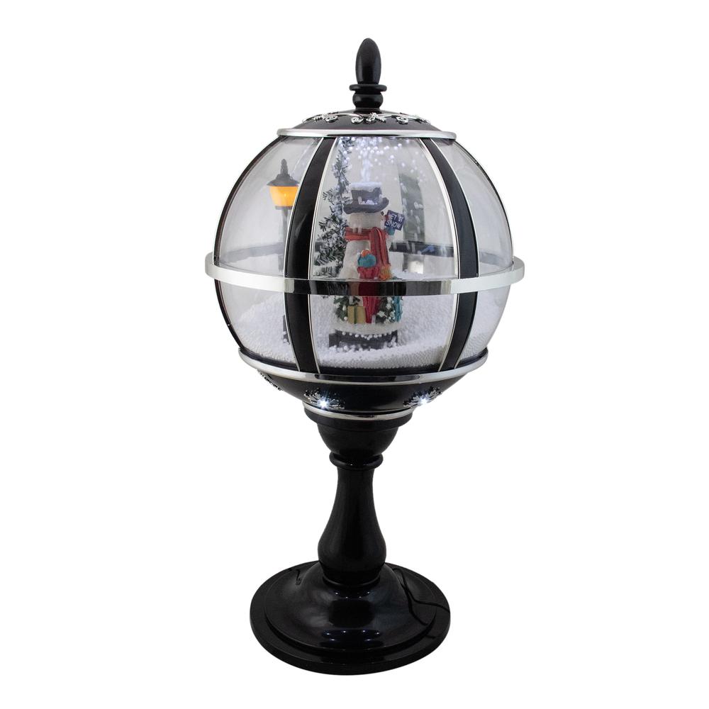23.5" Black Lighted Musical Snowing Snowman Christmas Table Top Street Lamp. Picture 2