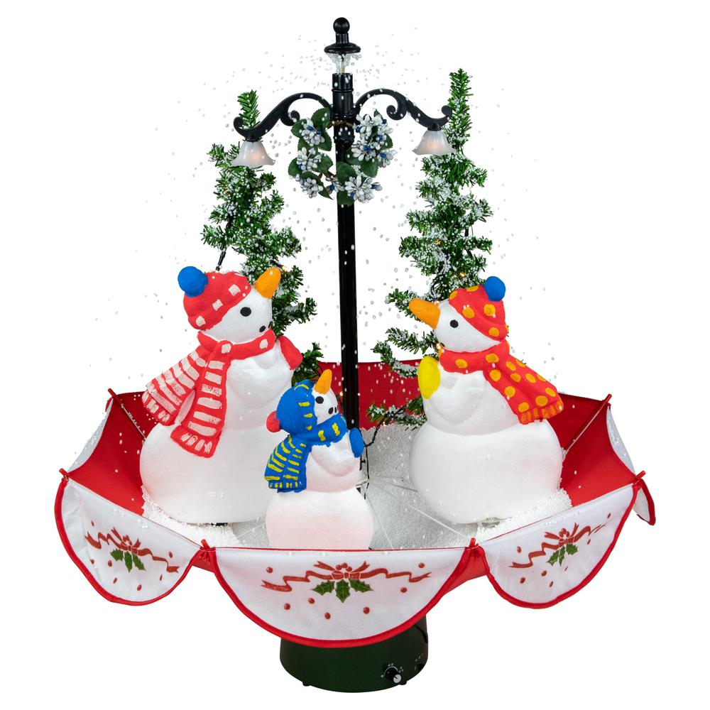 31" Musical Lighted Snowing Snowman Family in Umbrella Base Christmas Decoration. The main picture.
