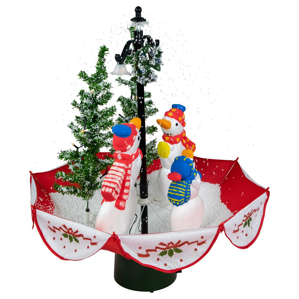 31" Musical Lighted Snowing Snowman Family in Umbrella Base Christmas Decoration. Picture 3