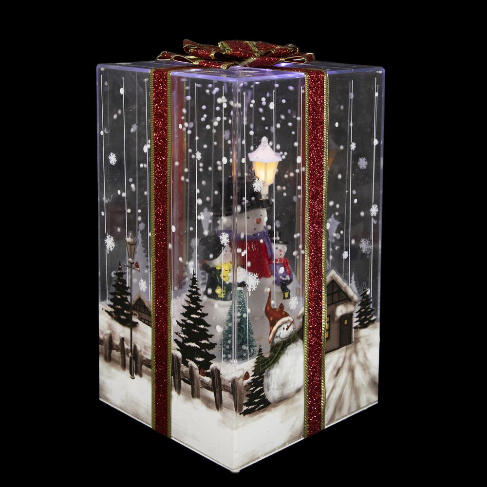 12" Lighted and Musical Snowman Family Snowing Gift Box Christmas Decoration. Picture 2