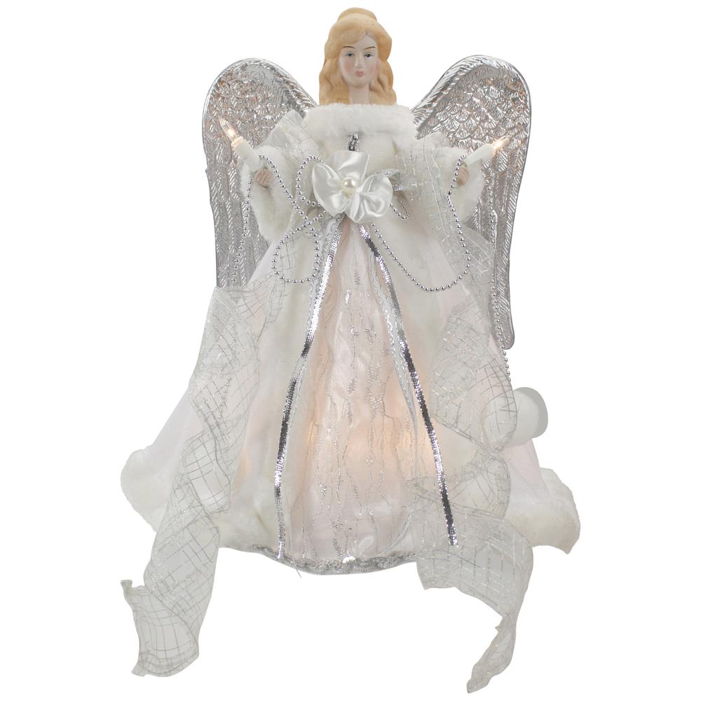 12" Silver and White Angel with Wings Christmas Tree Topper - Clear Lights. Picture 1