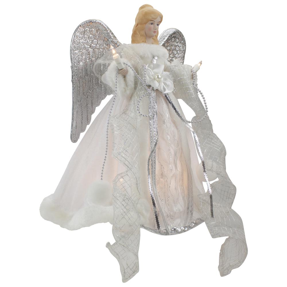 12" Silver and White Angel with Wings Christmas Tree Topper - Clear Lights. Picture 3
