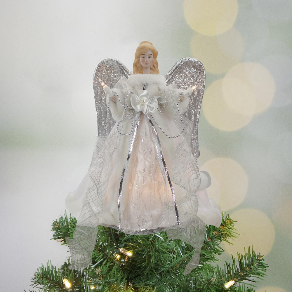 12" Silver and White Angel with Wings Christmas Tree Topper - Clear Lights. Picture 2