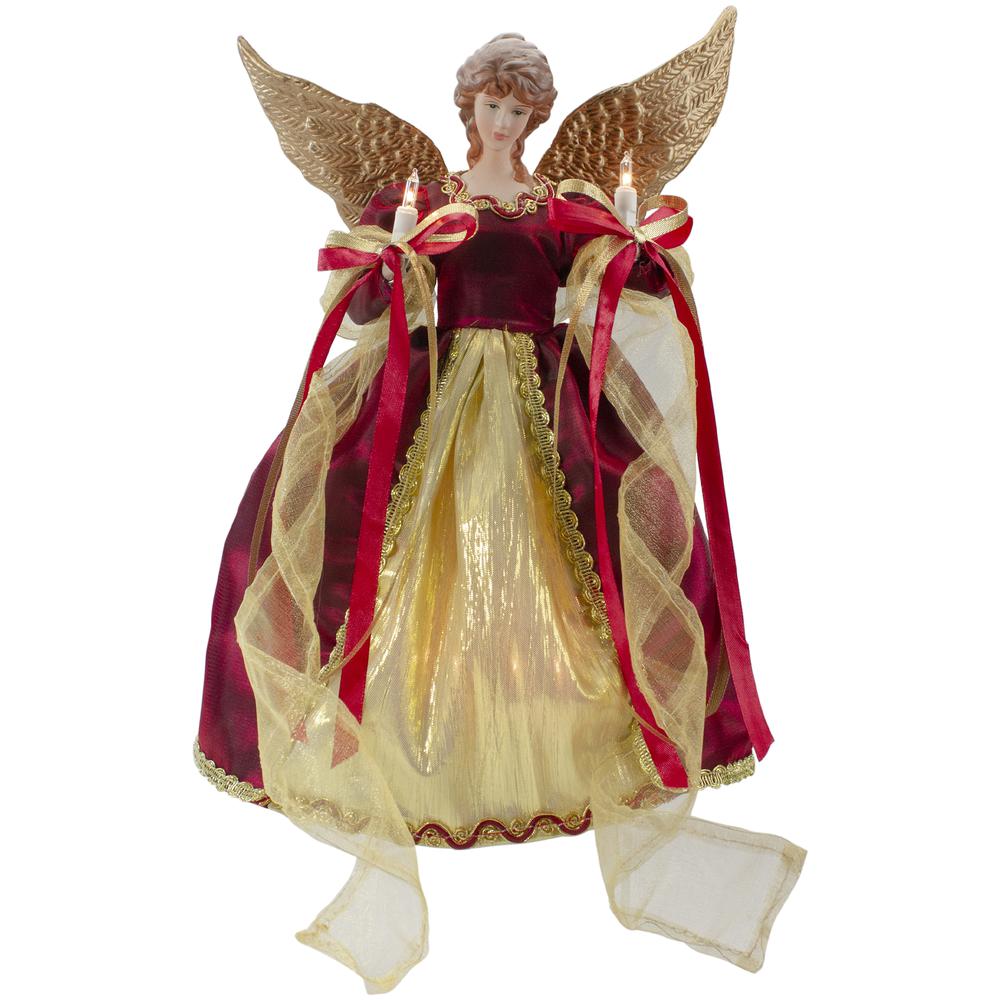 13.5" Lighted Red and Gold Angel with Wings Christmas Tree Topper - Clear Lights. Picture 1