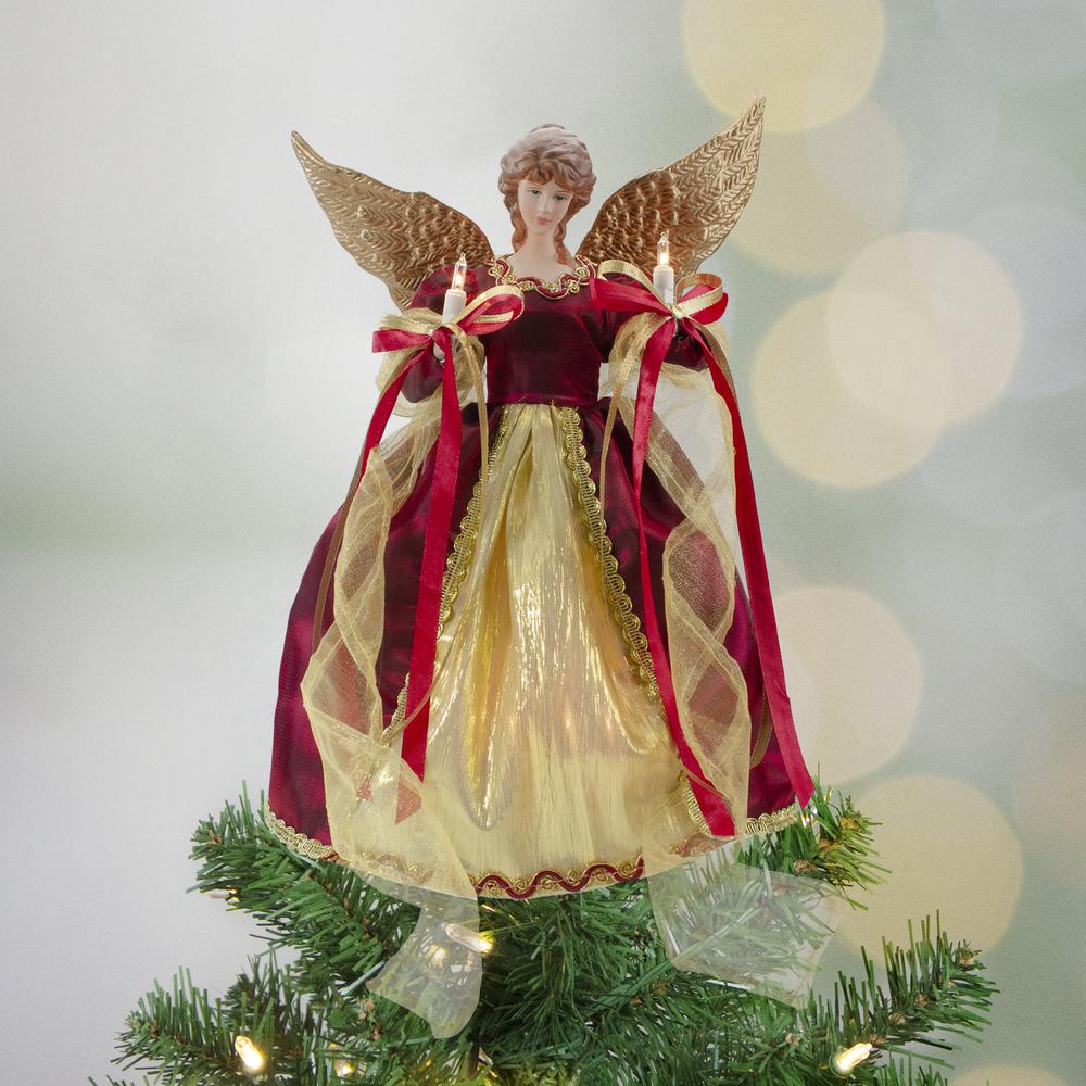 13.5" Lighted Red and Gold Angel with Wings Christmas Tree Topper - Clear Lights. Picture 2