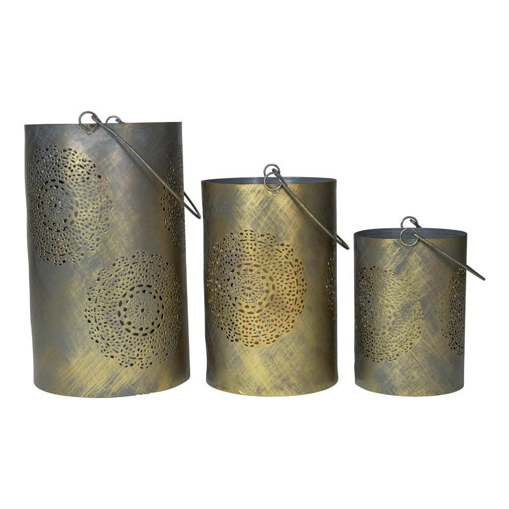 Set of 3 Gray and Gold Floral Designed Pillar Candle Lanterns 10". Picture 1