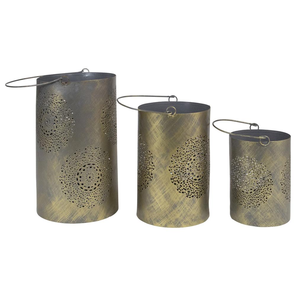 Set of 3 Gray and Gold Floral Designed Pillar Candle Lanterns 10". Picture 3