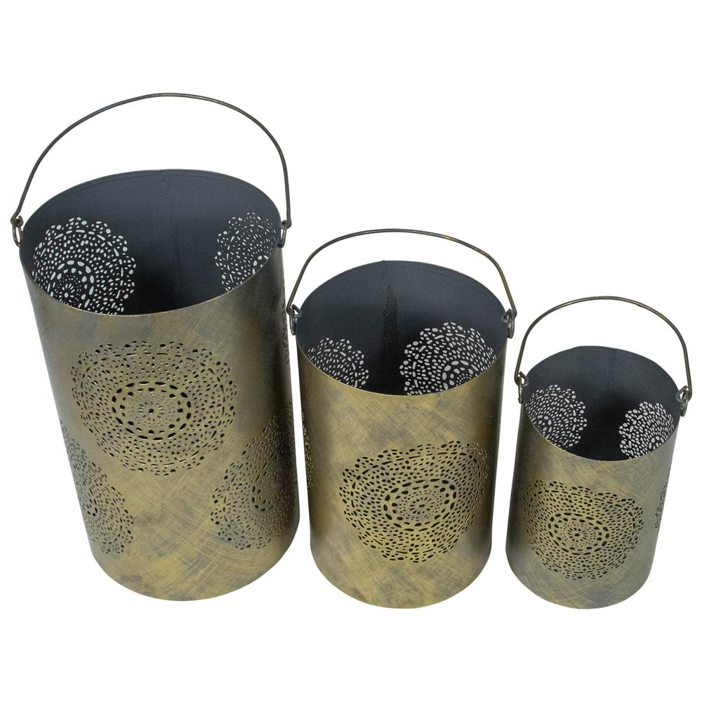 Set of 3 Gray and Gold Floral Designed Pillar Candle Lanterns 10". Picture 4